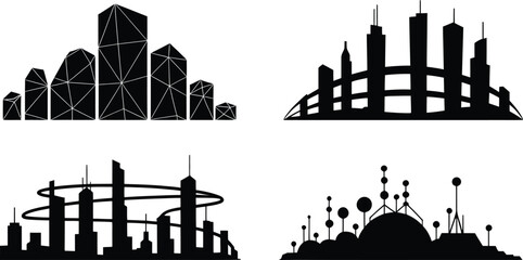 Obraz premium Abstract cityscape illustrations, set of 4, with geometric and futuristic designs