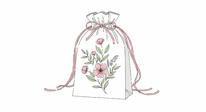 A white drawstring pouch with a delicate floral pattern and pink ribbons