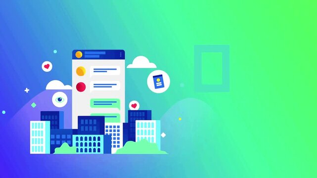Urban social connectivity animation features a smartphone with chat bubbles over a city landscape.