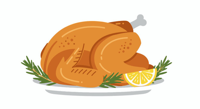 Roasted turkey illustration on plate with lemon and herbs isolated