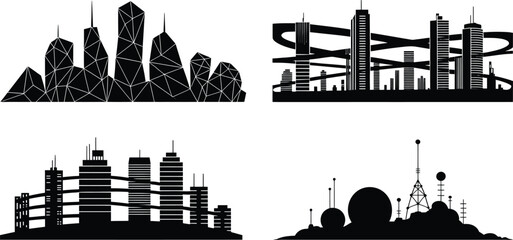 Obraz premium Silhouette cityscapes with, set of 4, modern architecture and communication towers