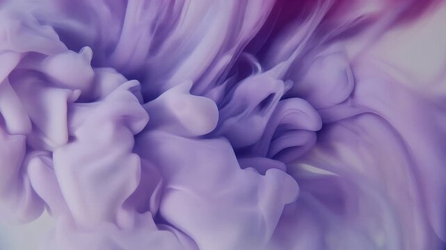 Paint flow. Pour liquid. Defocused purple white color chemical emulsion water texture blotch spreading on creative abstract background.