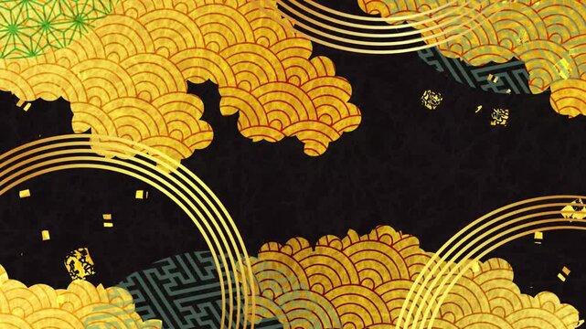 Traditional Japanese Patterns with Gold Foil on Black Background Animation