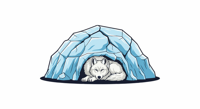 A white wolf rests inside a dome-shaped shelter made of ice blocks