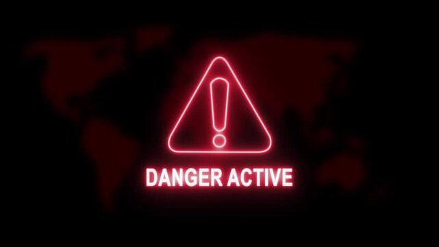 Digital cyber security alert featuring a glowing red neon warning triangle symbol and danger active text overlaying a dark abstract map background, for technology, hacking, and global threat concepts