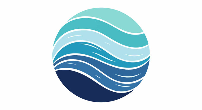 Abstract graphic depicting ocean waves in a circular shape with varying shades of blue and teal