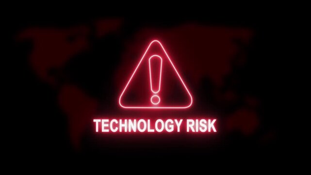 Digital technology risk warning sign featuring a glowing red neon exclamation mark triangle over a dark map background, for cybersecurity, data, breach, network security, and global it