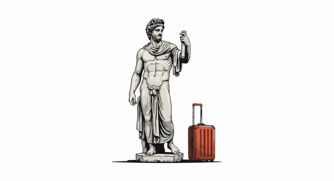 Ancient statue with a modern suitcase, representing a juxtaposition of time