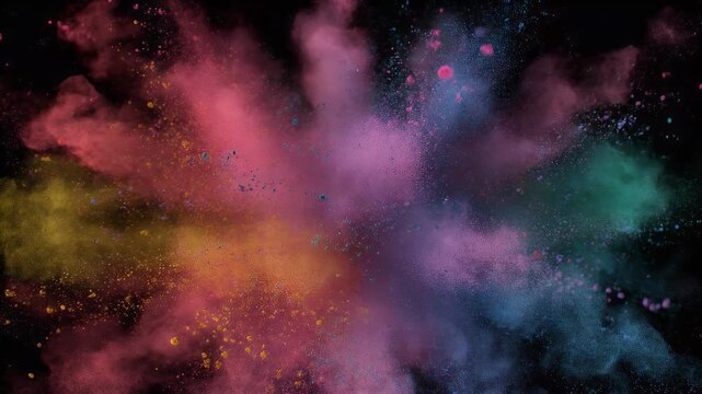 Scattering splashes of colorful bright powder on a dark background for Holi festival in India, concept of celebrating the arrival of spring, banishing evil and rebirth of life.