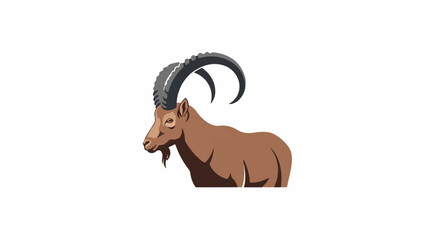 Brown mountain goat with large, curved, dark horns stands on a white background © Ali