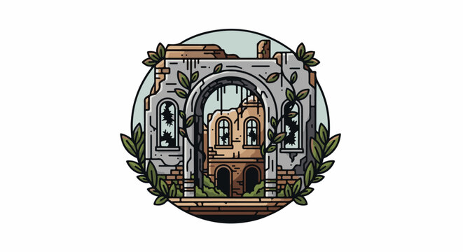 An ancient, overgrown ruin with arched windows and weathered stone, enclosed in a circle