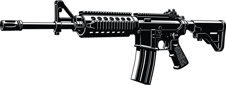 Illustration of a black assault rifle with scope and magazine