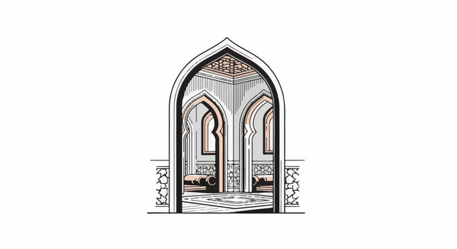 An arched entryway reveals a room with intricate architectural details and patterned floor