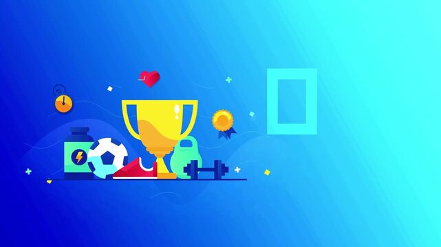 Fitness and sports achievement animation features a gold trophy with soccer ball and gym equipment.