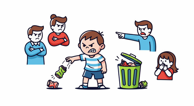 Angry boy tosses cans near overflowing bin; others react with disapproval