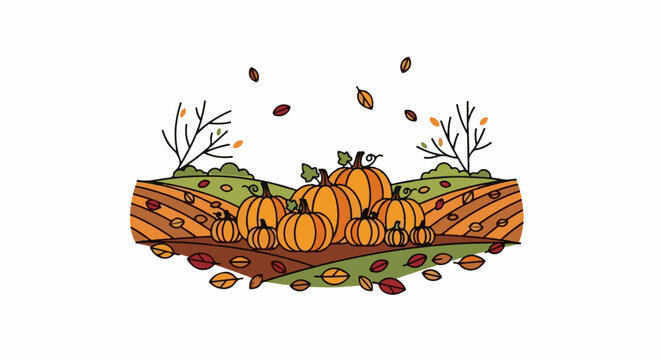 Autumn harvest scene with pumpkins on a colorful field and falling leaves