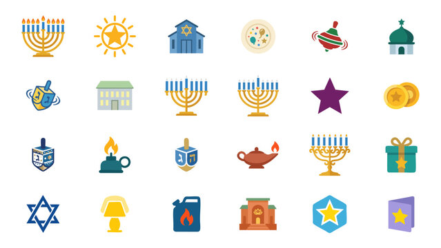 Jewish Hanukkah Icon Set with Menorah Dreidel Star Candle and Holiday Gifts