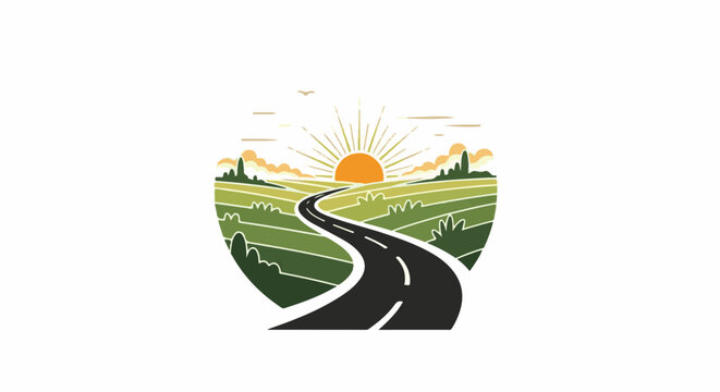 A winding road leads through rolling green fields toward a radiant sunrise with distant trees and clouds