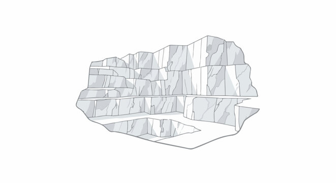 An artistic representation of a layered stone quarry, featuring cut rock faces and a central pit