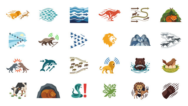 Animal Migration Behavior Icon Set with Herd Movement Predator Chase and Wildlife Tracks