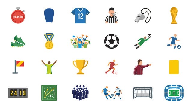 Soccer Football Icon Set with Ball Players Referee Goal Stadium Trophy and Match Symbols