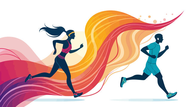 Man and woman running together with colorful abstract background