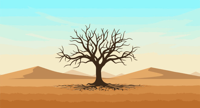Barren tree stands tall in a vast desert landscape under a pale blue sky