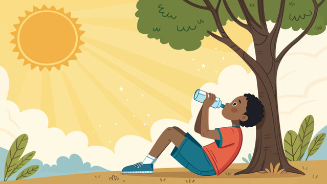 A cartoon boy drinking water from a bottle under a tree on a sunny day outside