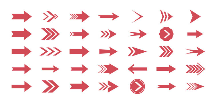Various red flat geometric arrows icon set. modern minimalist arrows pointers and navigation symbols set. Collection of red arrows directional. vector illustration.
