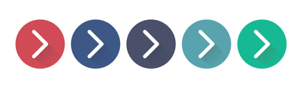 A set of five colorful arrows in circle with shadow UI/UX interface. modern directional navigation buttons for presentation. vector illustration.