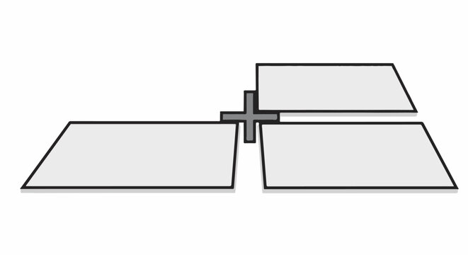 Abstract design featuring three gray trapezoids connected by a gray cross shape