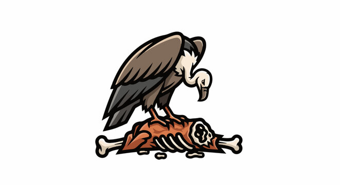 Bird scavenging on a carcass with bones, cartoon style