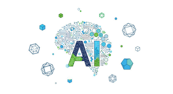 Innovative artificial intelligence technology conceptual design featuring glowing digital circuitry letters and floating geometric polyhedral elements on a minimalist bright white