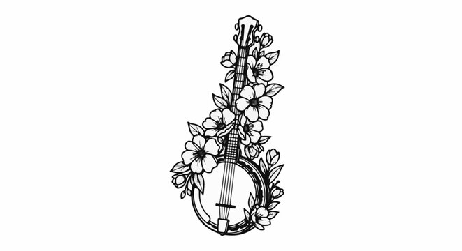 Black and white illustration of a banjo entwined with blooming flowers and leaves