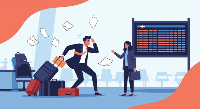 Hurrying businessman rushes through an airport terminal with his luggage while papers fly out of his case as he tries to catch a flight.