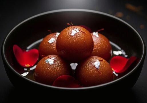 Delectable gulab jamun a sweet indian dessert presentation with floral garnishing