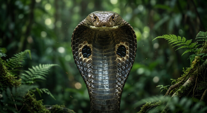 &nbsp;A hyper-detailed, head-on portrait of a King Cobra with its iconic hood fully flared. The focus is sharp on the two dark "ocelli" markings on the hood and the intense, golden-bronze eyes..