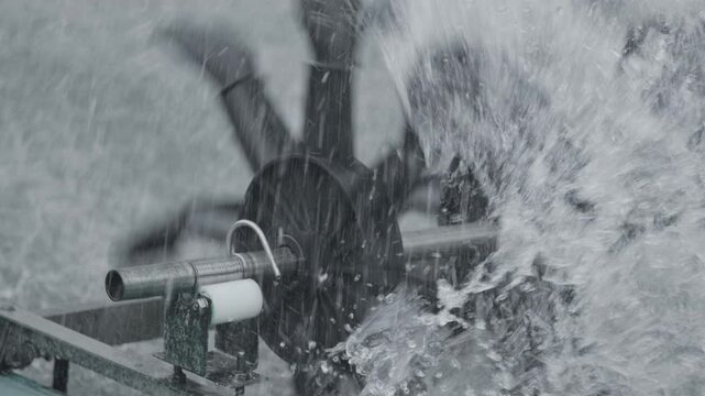 Slow motion footage of powerful water splashing over a rotating water wheel mechanism. 