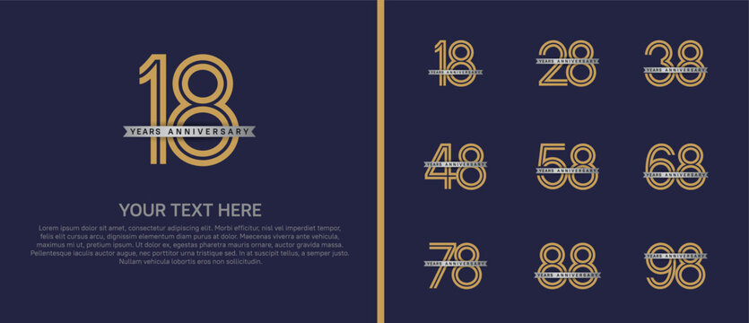 anniversary logo set with silver ribbon. gold number on purple background for celebration moment