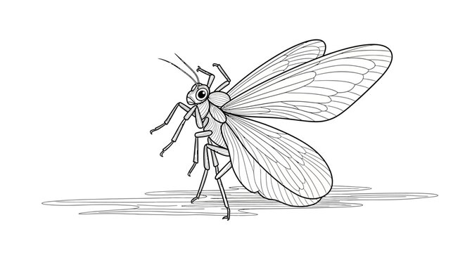 Detailed Ink Drawing of a Cicada Insect with Wings Spread