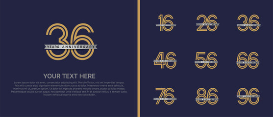 Naklejka premium anniversary logo set with silver ribbon. gold number on purple background for celebration moment
