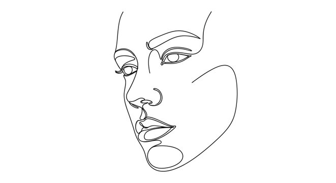 A minimalist line drawing depicts a woman's face in profile indoors.