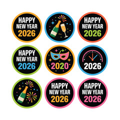 Naklejka premium New Year 2026 Celebration Badges: Festive Design Collection for Holiday Marketing | Vibrant New Year 2026 Emblems: Colorful Holiday Badges for Event Branding