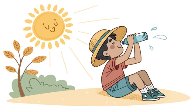 A cartoon boy sitting on the ground drinking water from a bottle on a sunny day