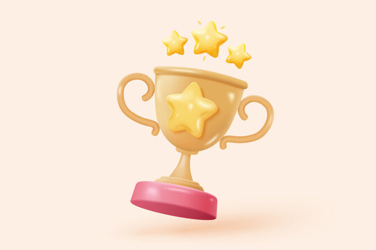 3d winner award with golden cup, gold winner stars for rewards ceremony. Contest ceremony first and second and third concept on podium. 3d trophy champion icon vector render illustration