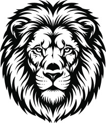 Obraz premium Lion head with long mane and whiskers facing forward strongly