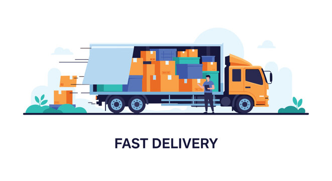 Large delivery truck filled with colorful boxes speeds along the road while a worker checks the inventory list for efficiency.