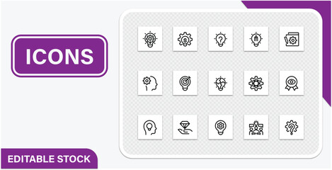 Set of 15 business innovation and creativity line icons symbols for brainstorming, problem solving, strategy, and new ideas including lightbulbs, gears, and human heads © hallart
