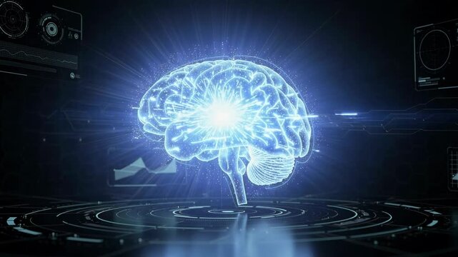 Futuristic digital brain with glowing neural connections and data visualization in technology concept