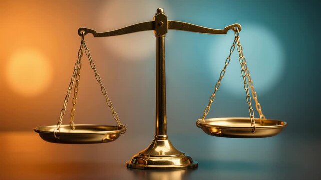 Golden balance scales symbolizing justice fairness and legal concepts on gradient background